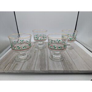 Vintage Gold Holiday Christmas Libbey Sherbet Tumblers Glass Holly Berry Set 4